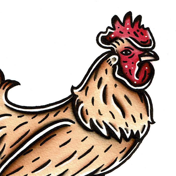 American traditional tattoo flash wildlife illustration Buff Orpington Rooster ink and watercolor painting.