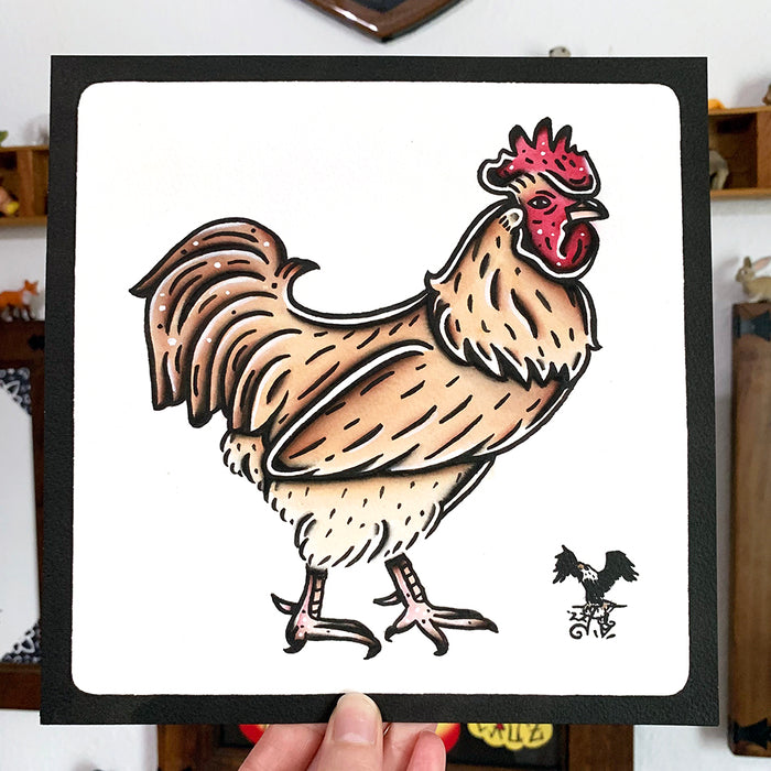 American traditional tattoo flash wildlife illustration Buff Orpington Rooster ink and watercolor painting.