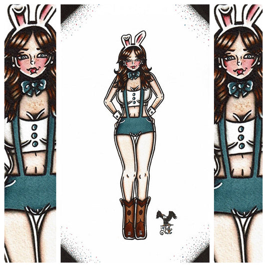 American Traditional tattoo flash sexy Playboy Bunny pinup spitshade painting.