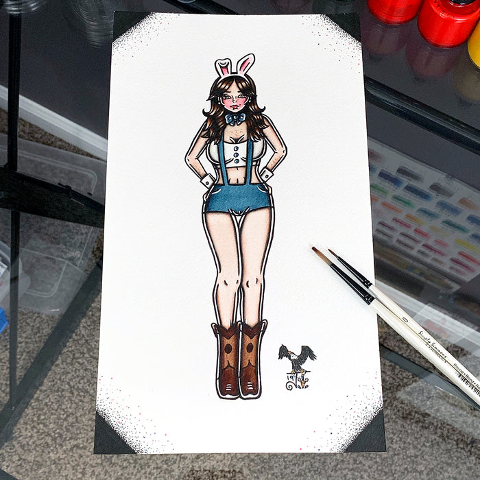 American Traditional tattoo flash sexy Playboy Bunny pinup spitshade painting.