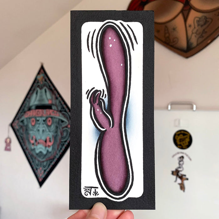 American traditional tattoo flash illustration Bunny Rabbit Vibrator watercolor painting.