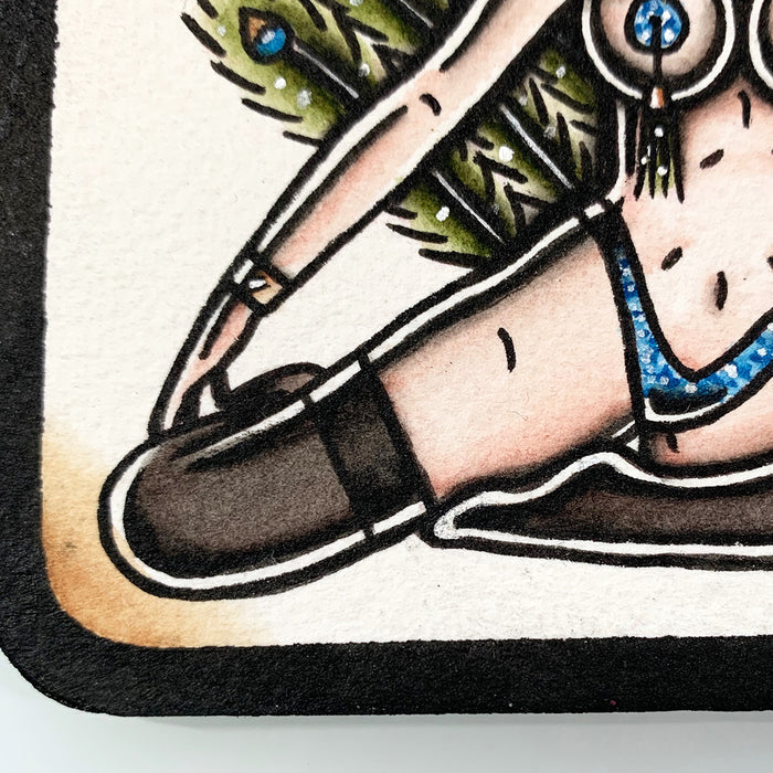 American traditional tattoo flash Burlesque Peacock Pinup coaster painting.
