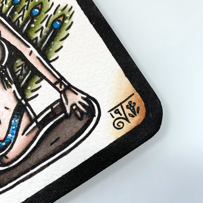 American traditional tattoo flash Burlesque Peacock Pinup coaster painting.
