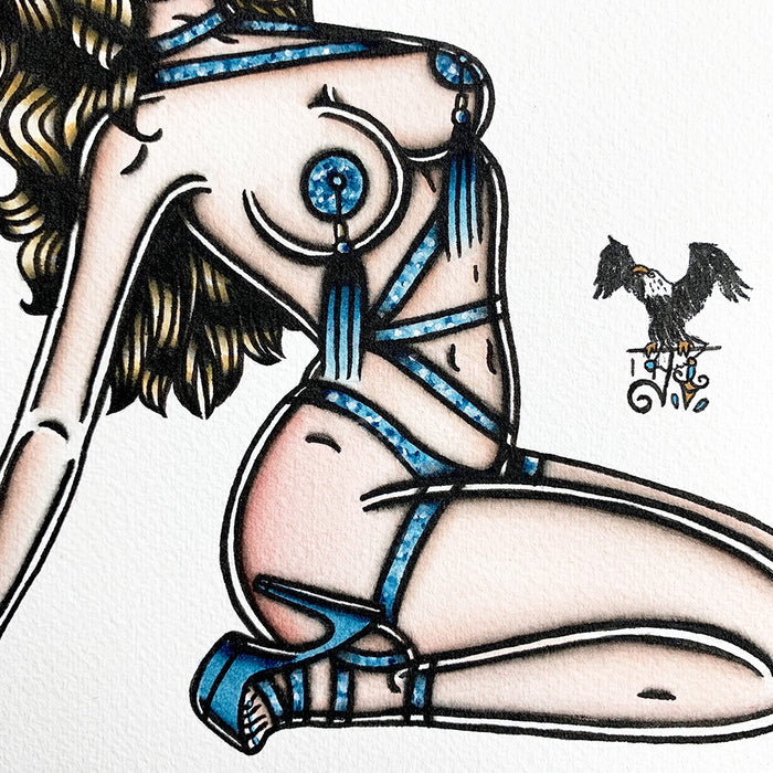 American Traditional tattoo flash burlesque pinup watercolor painting.