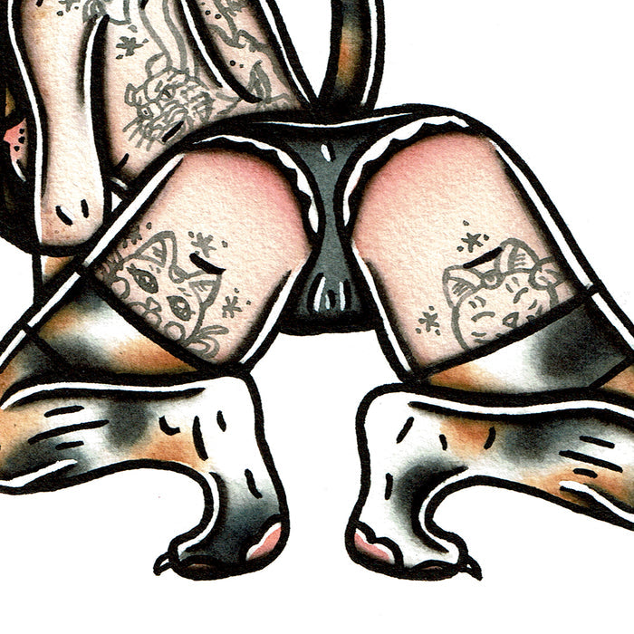 American traditional tattoo flash Calico Kitten Pinup watercolor painting.