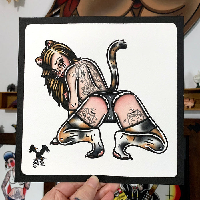 American traditional tattoo flash Calico Kitten Pinup watercolor painting.