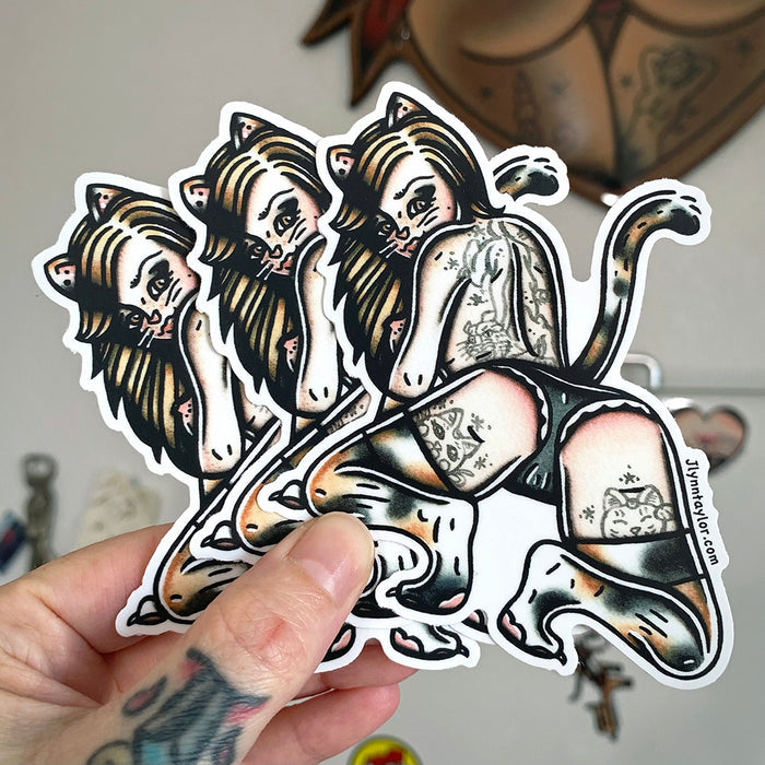American traditional tattoo flash Calico Kitten Pinup watercolor vinyl stickers.