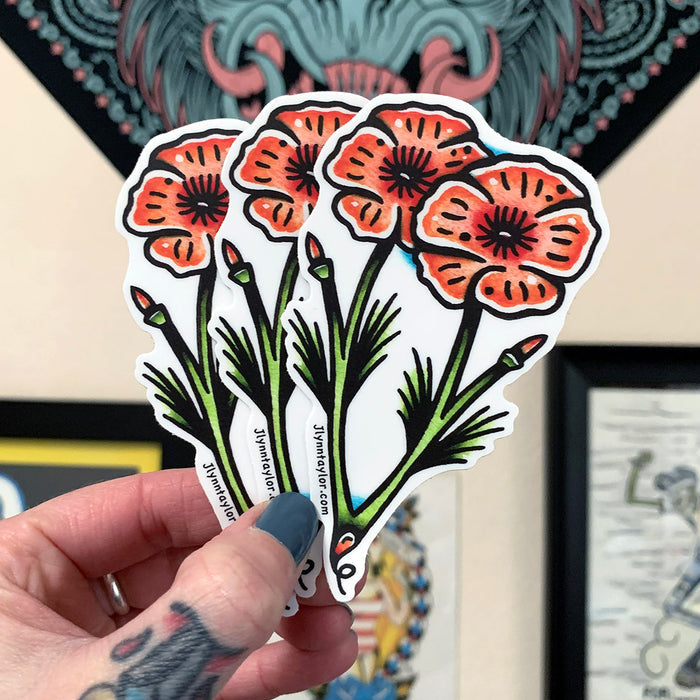 American traditional tattoo flash California Poppies Flower watercolor sticker.