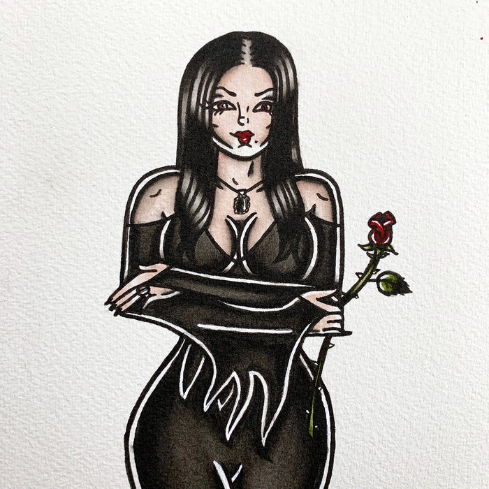 American Traditional tattoo flash sexy Morticia Addams pinup spitshade painting.
