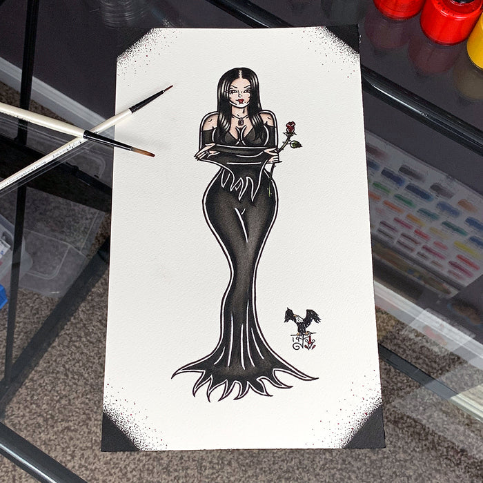 American Traditional tattoo flash sexy Morticia Addams pinup spitshade painting.