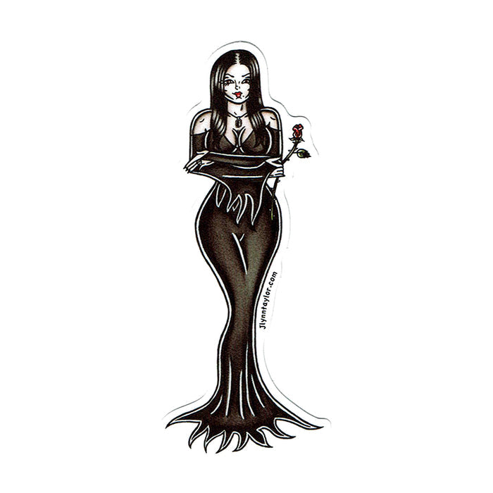 American Traditional tattoo flash illustration Morticia Addams Cara Mia pinup watercolor sticker.