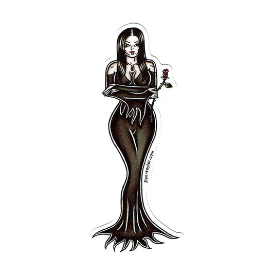 American Traditional tattoo flash illustration Morticia Addams Cara Mia pinup watercolor sticker.