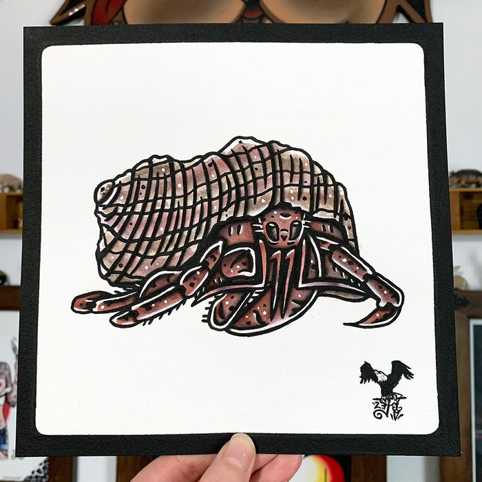 American traditional tattoo flash wildlife illustration Caribbean Hermit Crab ink and watercolor painting.