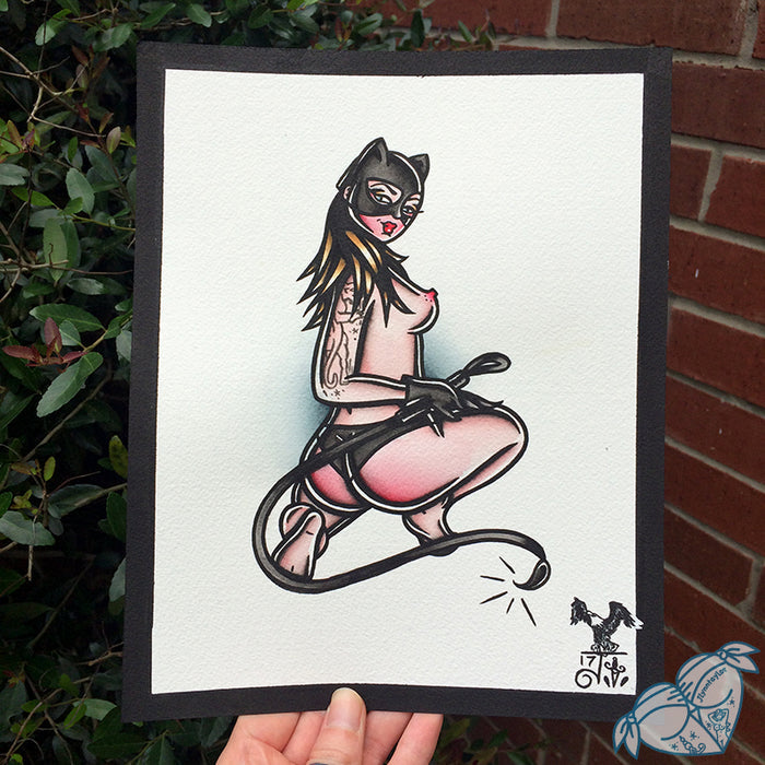 American Traditional tattoo flash sexy cat woman pinup spitshade painting.
