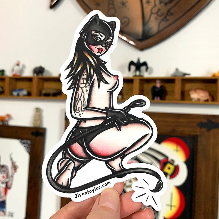 American traditional tattoo flash Cat Lady Pinup watercolor sticker.