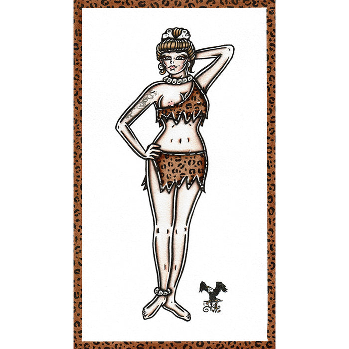 American traditional tattoo flash Cavewoman Pinup watercolor painting.