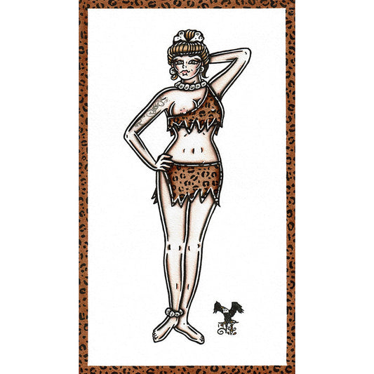 American traditional tattoo flash Cavewoman Pinup watercolor painting.