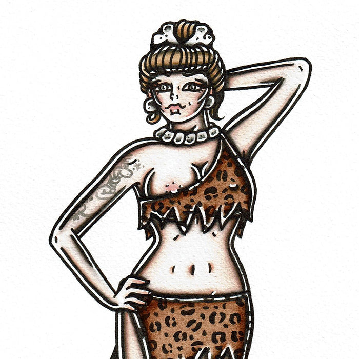 American traditional tattoo flash Cavewoman Pinup watercolor painting.
