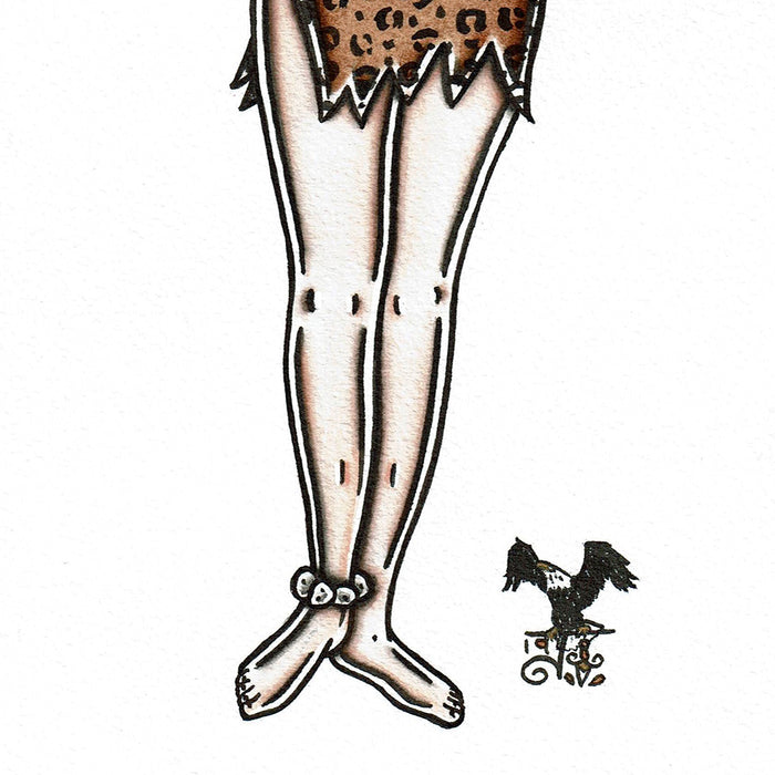 American traditional tattoo flash Cavewoman Pinup watercolor painting.