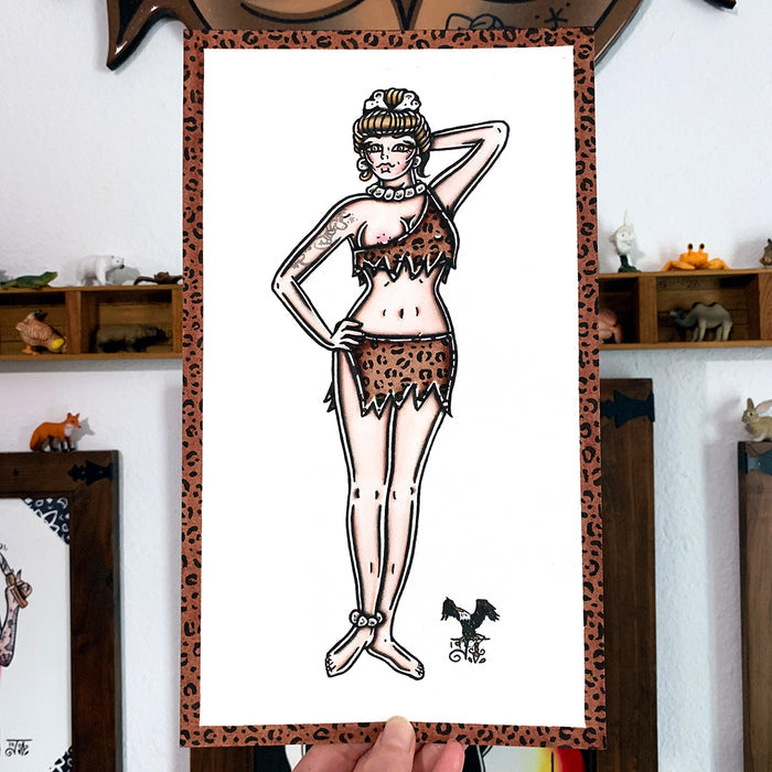 American traditional tattoo flash Cavewoman Pinup watercolor painting.