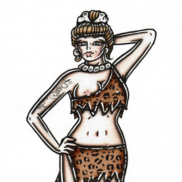 American traditional tattoo flash Cavewoman Pinup watercolor print.