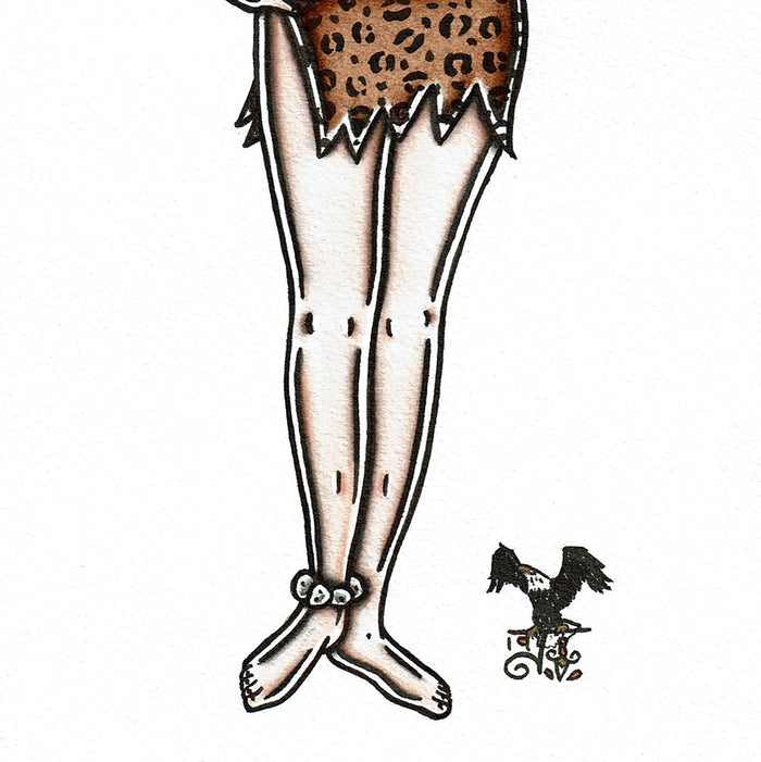 American traditional tattoo flash Cavewoman Pinup watercolor print.