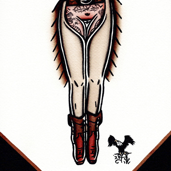 American traditional tattoo flash Fringe Chaps Western Cowgirl Pinup Watercolor painting.
