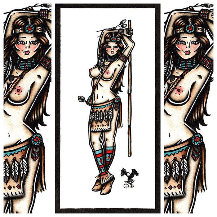 American Traditional tattoo flash Native Cherokee Pinup watercolor painting.