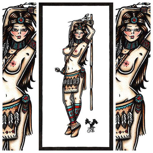 American Traditional tattoo flash Native Cherokee Pinup watercolor painting.