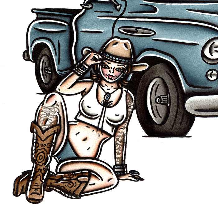 American traditional tattoo flash 1955 Chevrolet Pickup Pinup watercolor painting.