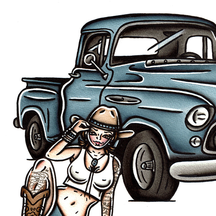 American traditional tattoo flash 1955 Chevrolet Pickup Pinup watercolor painting.