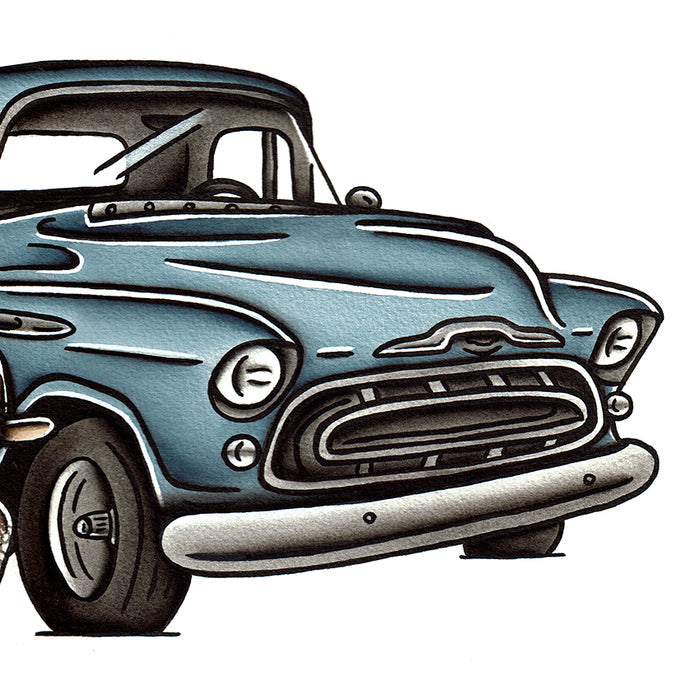 American traditional tattoo flash 1955 Chevrolet Pickup Pinup watercolor painting.