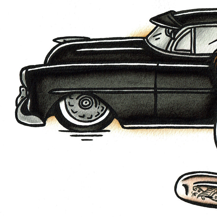 American traditional tattoo flash illustration 1952 Chevrolet Fleetline Pinup watercolor painting.
