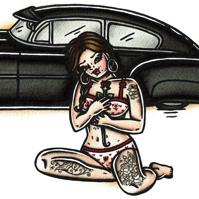 American traditional tattoo flash illustration 1952 Chevrolet Fleetline Pinup watercolor painting.