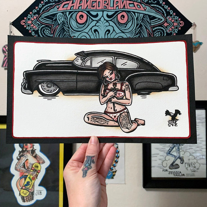 American traditional tattoo flash illustration 1952 Chevrolet Fleetline Pinup watercolor painting.