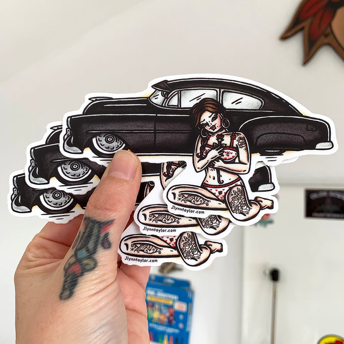 American traditional tattoo Chevy Fleetline Pinup  watercolor Stickers.