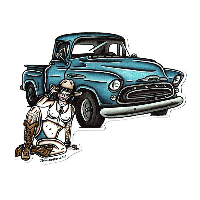 American traditional tattoo flash illustration classic 1950s Chevrolet Pickup Pinup watercolor sticker.