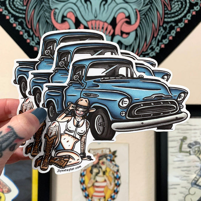 American traditional tattoo flash illustration classic 1950s Chevrolet Pickup Pinup watercolor sticker.