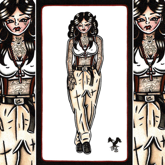 American Traditional watercolor Chola Pinup Tattoo FlashPainting.