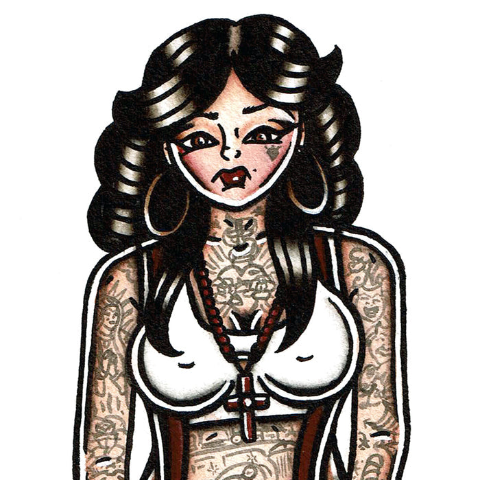 American Traditional watercolor Chola Pinup Tattoo FlashPainting.