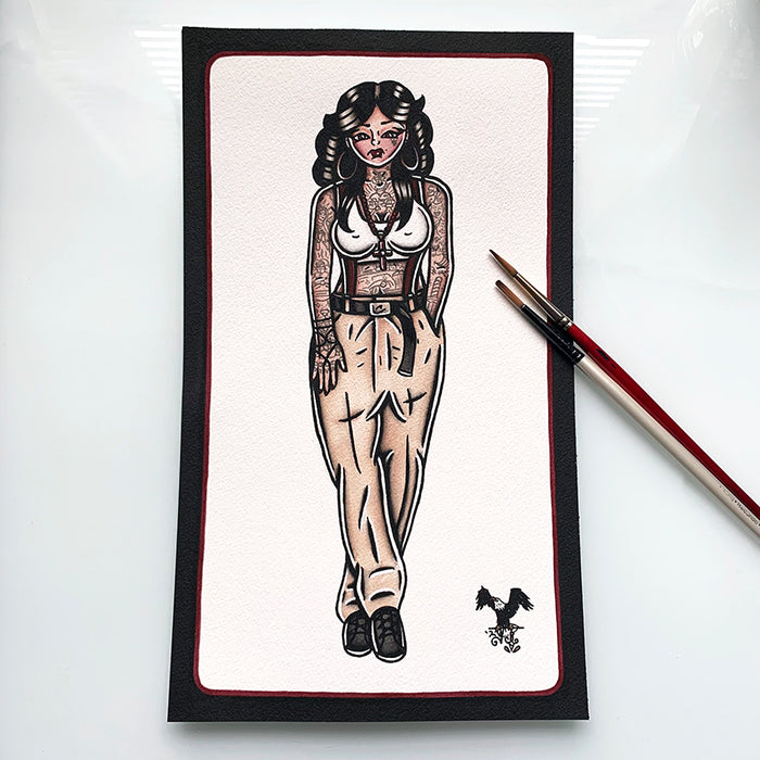 American Traditional watercolor Chola Pinup Tattoo FlashPainting.