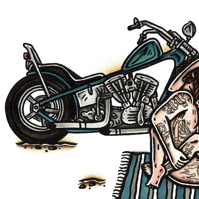 American traditional tattoo flash Chopper Love Pan-Shovel watercolor painting.