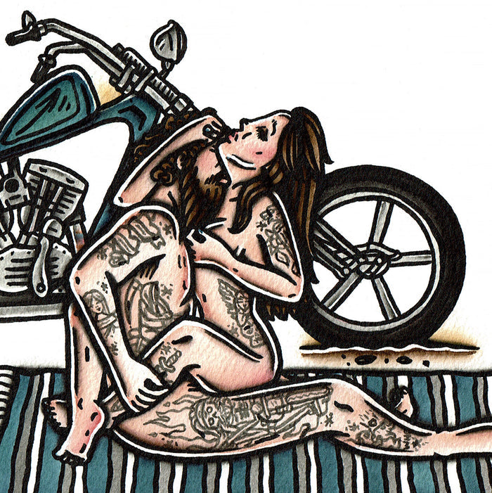 American traditional tattoo flash Chopper Love Pan-Shovel watercolor painting.