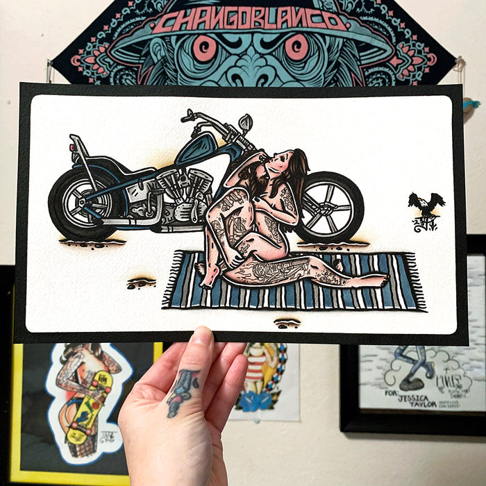 American traditional tattoo flash Chopper Love Pan-Shovel watercolor painting.