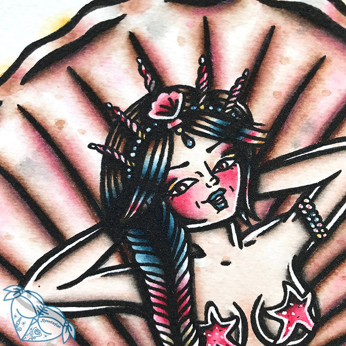 American Traditional tattoo flash sexy traditional clamshell mermaid pinup spitshade painting.