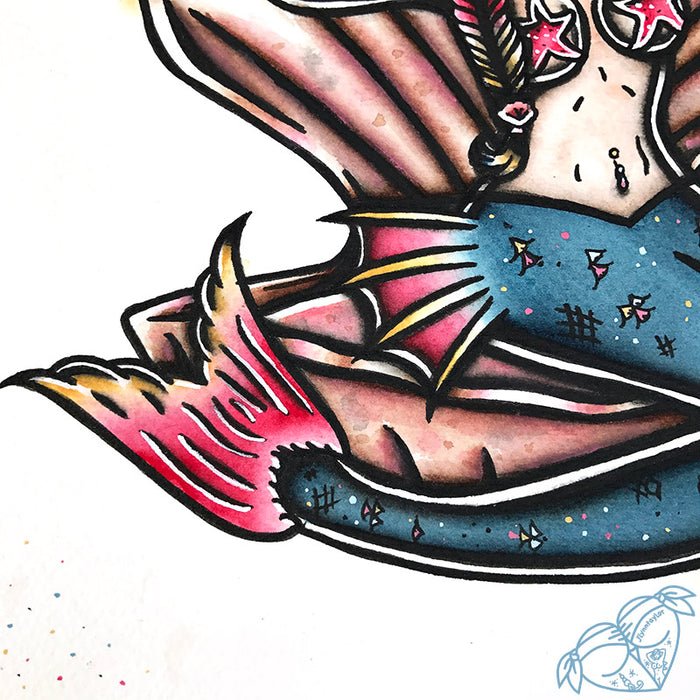 American Traditional tattoo flash sexy traditional clamshell mermaid pinup spitshade painting.