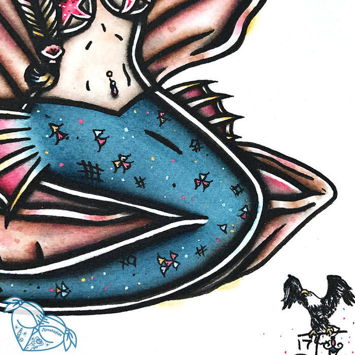 American Traditional tattoo flash sexy traditional clamshell mermaid pinup spitshade painting.