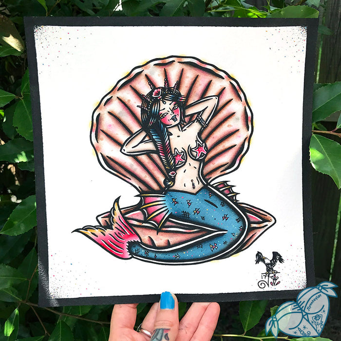 American Traditional tattoo flash sexy traditional clamshell mermaid pinup spitshade painting.