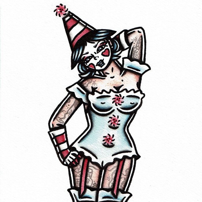 American traditional tattoo flash Clown Pinup watercolor painting.