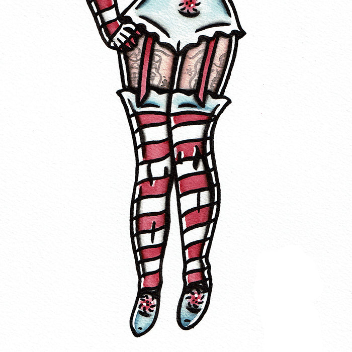 American traditional tattoo flash Clown Pinup watercolor painting.